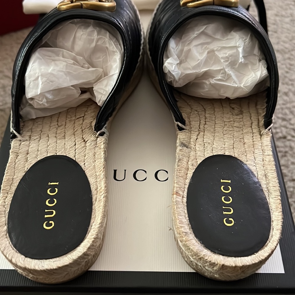 NEW Gucci Nappa Charlotte GG Marmont Espadrille Slide Mules Black Size 37.5 - Picture 3 of 6